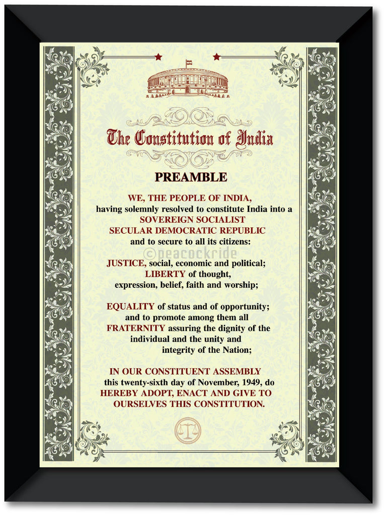 Preamble of Indian Constitution Wall Poster / Frame – Peacockride