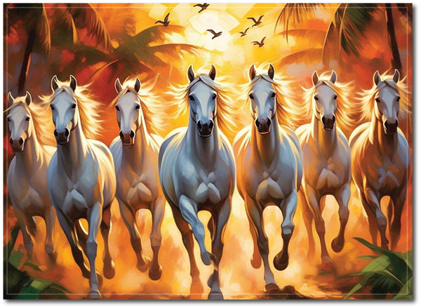 7 Horses Vastu Frame I Seven Horses Vastu Wall Art Painting, White Running Horses Vastu with Rising Sun I Wall Poster/ f